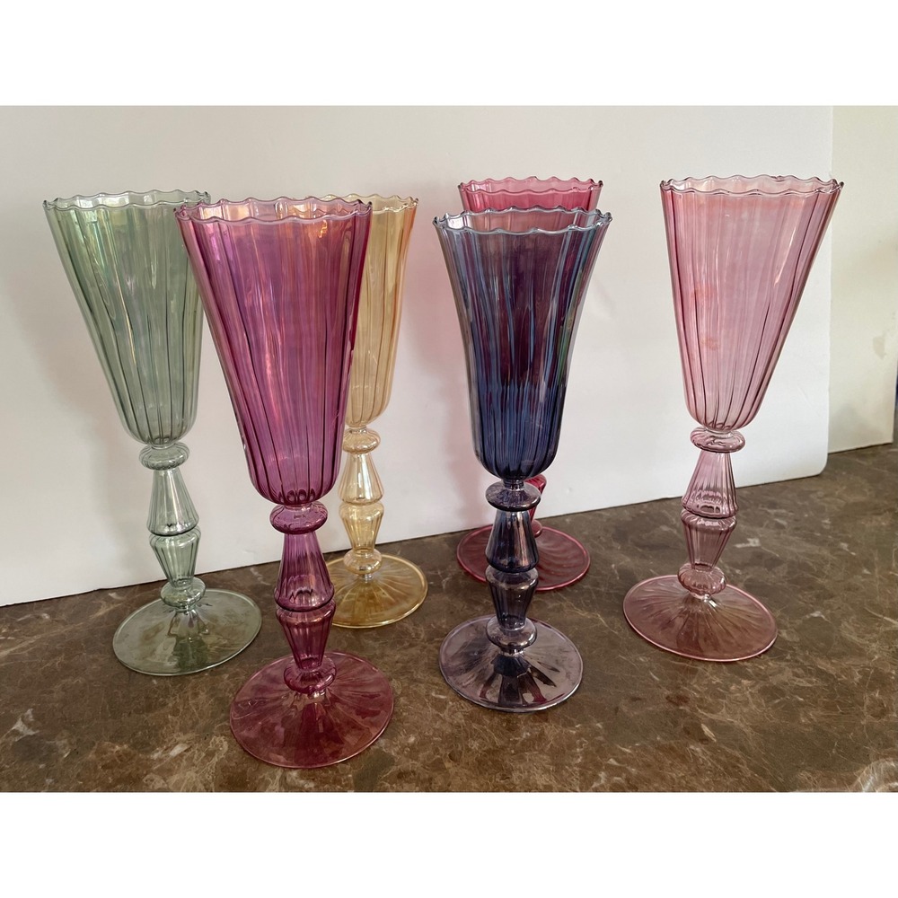 6 Handblown Venetian Murano Glass Iridescent Ribbed Champagne Flutes Multicolor - Picture 14 of 16